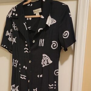 Vintage Betsy Lauren Black Dress with White Tribal Print Size 14